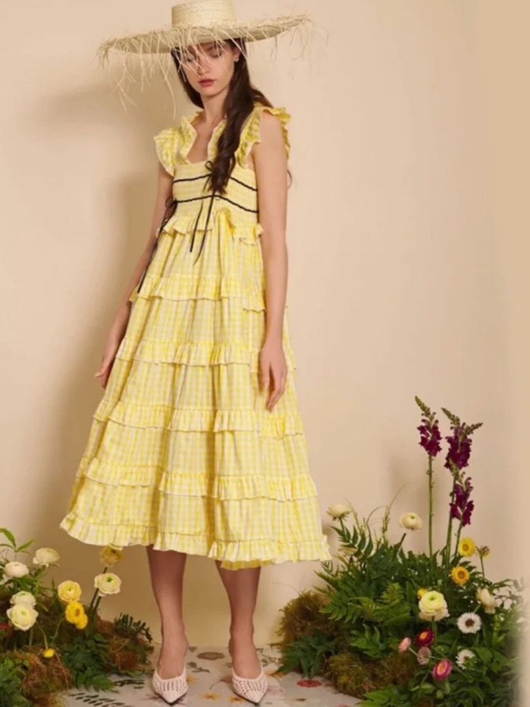 Dream Sister Jane Yellow & White Gingham Long Ruffle Dress With Black Bow Detail